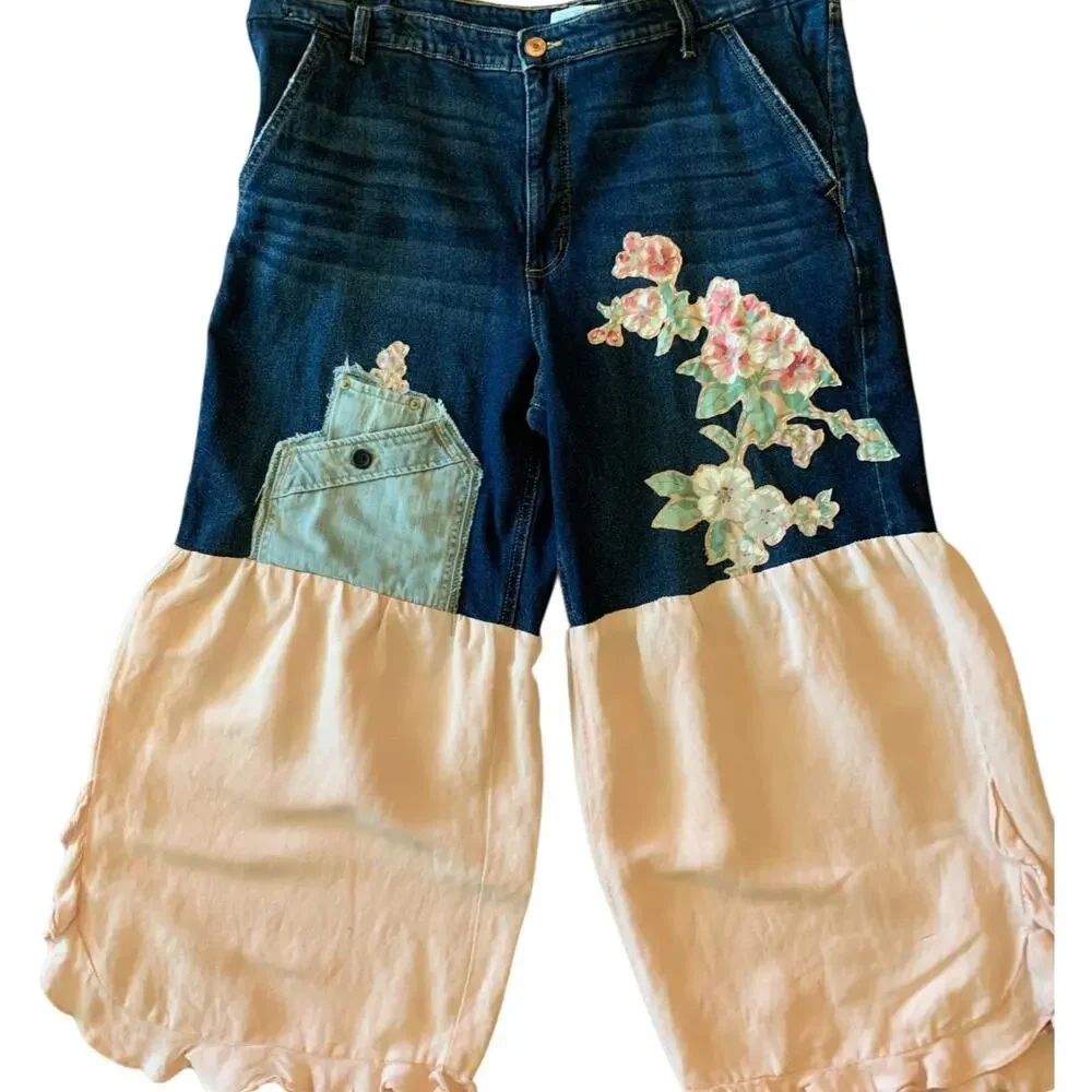 SOFIA JEANS UPCYCLED BOHO HIPPIE GYPSY APPLIQUE BELL LINEN RUFFLED HEM PLUS 18 - Picture 2 of 7